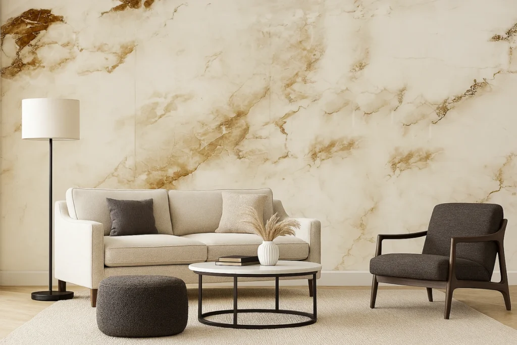 Panele PCV marmurowe Light Sand Premium w salonie