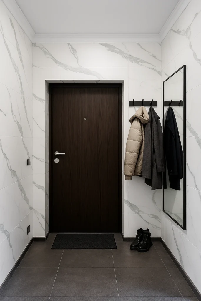 Płyty PCV imitujące marmur Light White Premium w korytarzu