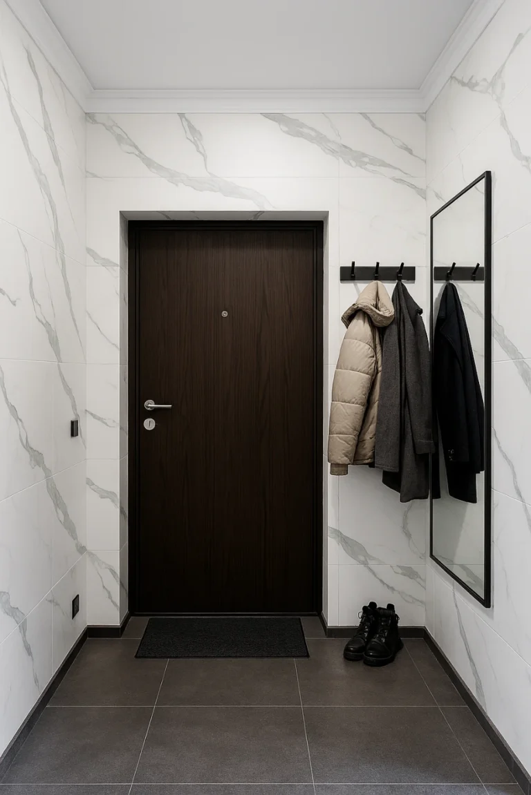 Płyty PCV imitujące marmur Light White Premium w korytarzu