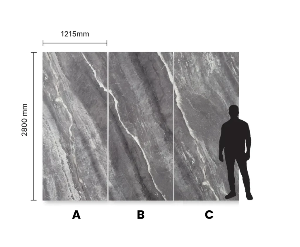 Płyty A B i C z kolekcji Steel Marble firmy Marblex w porównaniu ze wzrostem człowieka 280x121,5