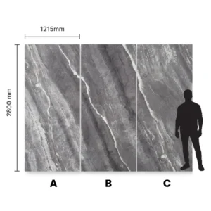Płyty A B i C z kolekcji Steel Marble firmy Marblex w porównaniu ze wzrostem człowieka 280x121,5