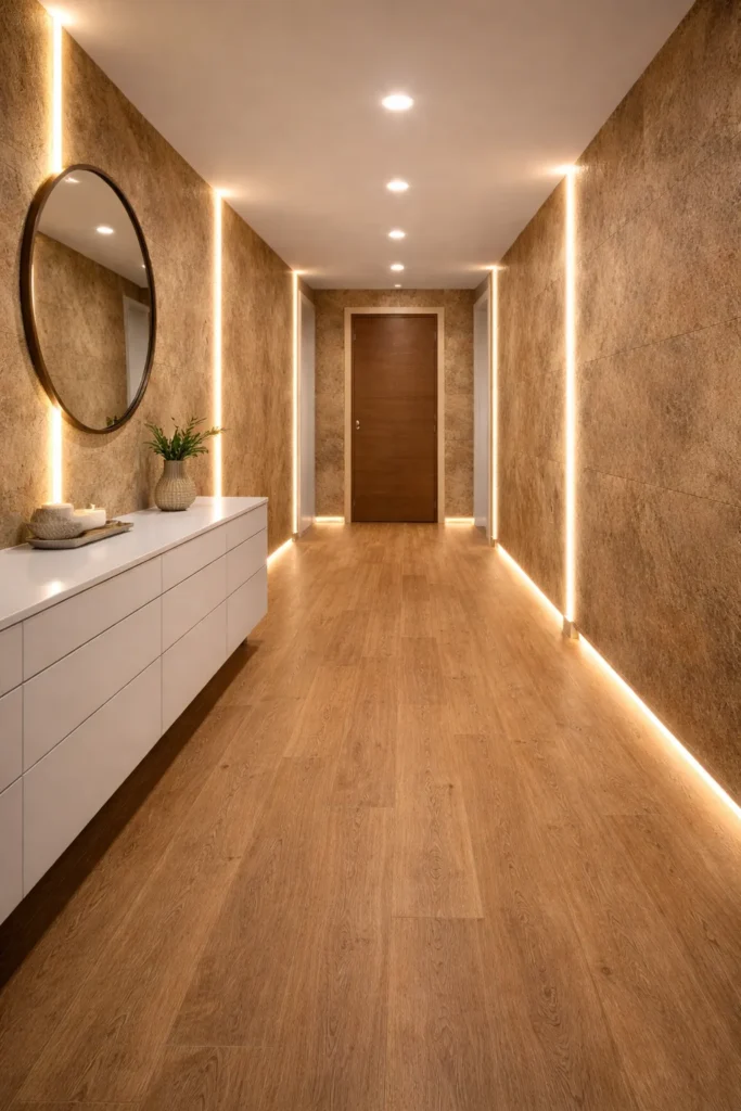 Wizualizacja korytarza fornirem kamiennym Earth Stone firmy Marblex