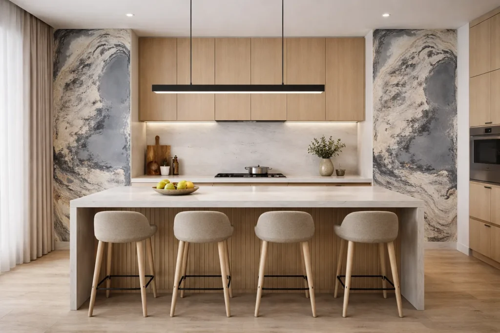 Wizualizacja kuchni fornirem kamiennym Pandora Stone firmy Marblex