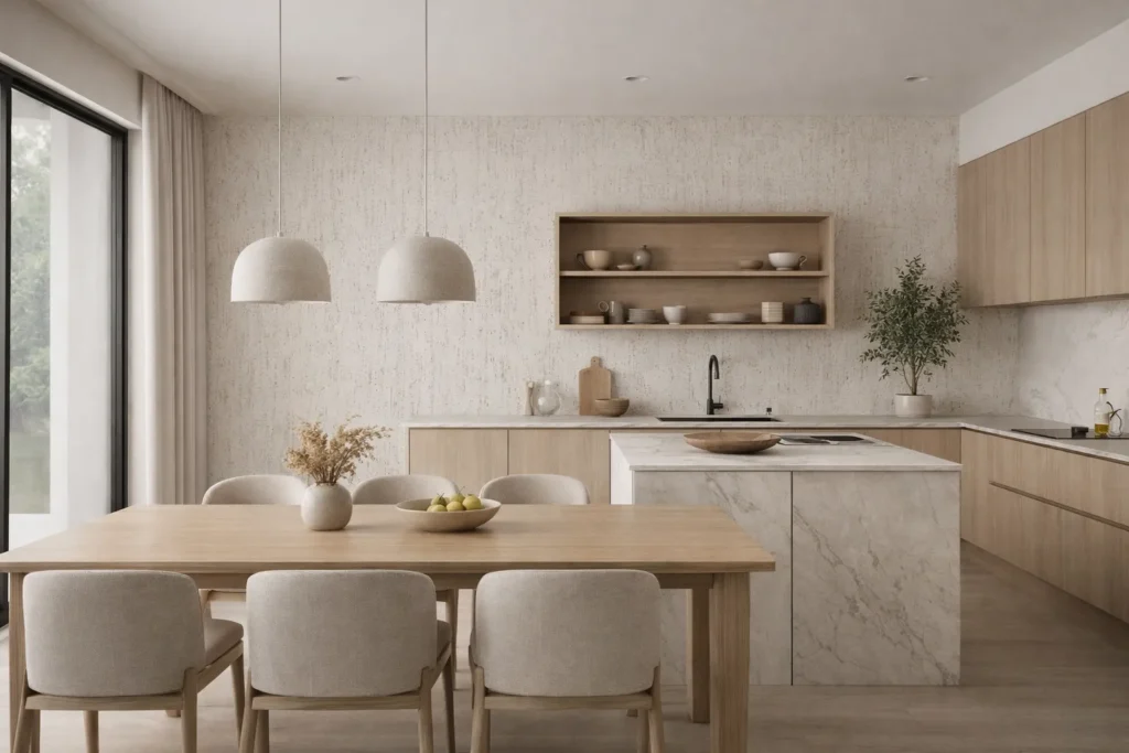Wizualizacja kuchni fornirem kamiennym Trawertyn Beige firmy Marblex
