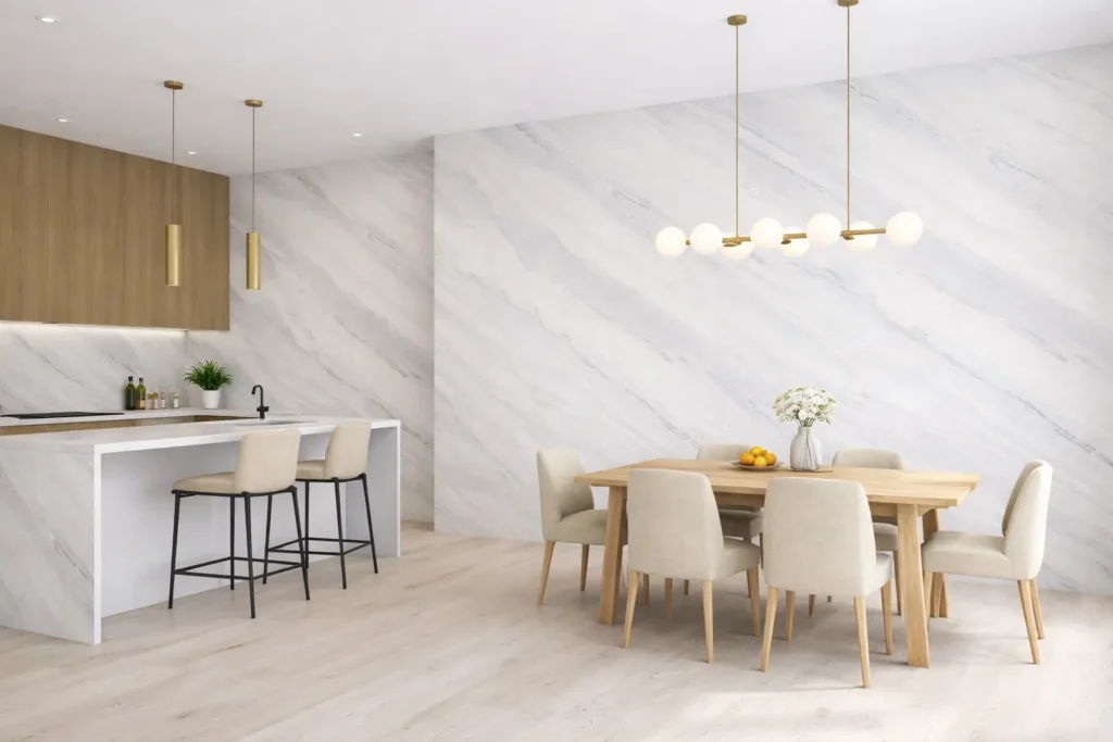 Wizualizacja kuchni i jadalni wykonanej kamieniem w rolce ARCTIC STONE 280x122