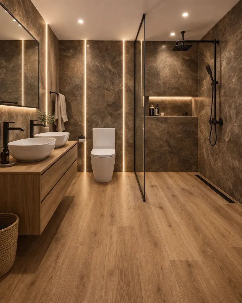 Wizualizacja łazienki fornirem kamiennym Earth Stone firmy Marblex