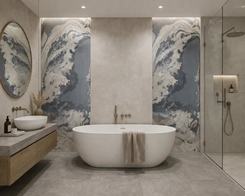Wizualizacja łazienki fornirem kamiennym Pandora Stone firmy Marblex