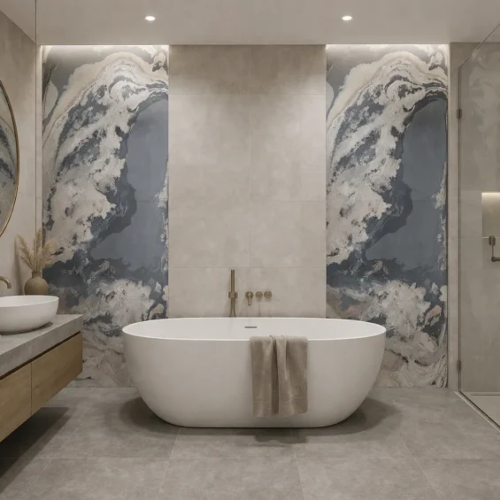 Wizualizacja łazienki fornirem kamiennym Pandora Stone firmy Marblex Wizualizacja łazienki fornirem kamiennym Pandora Stone firmy Marblex