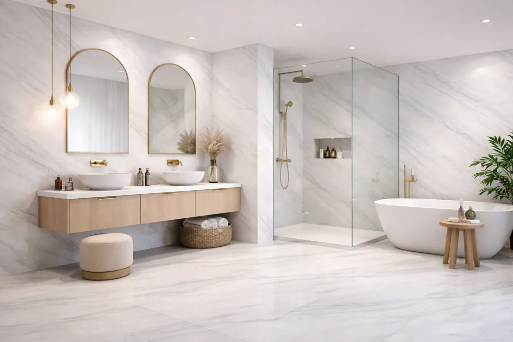 Wizualizacja łazienki wykonanej fronirem kamiennym ARCTIC STONE 280x122