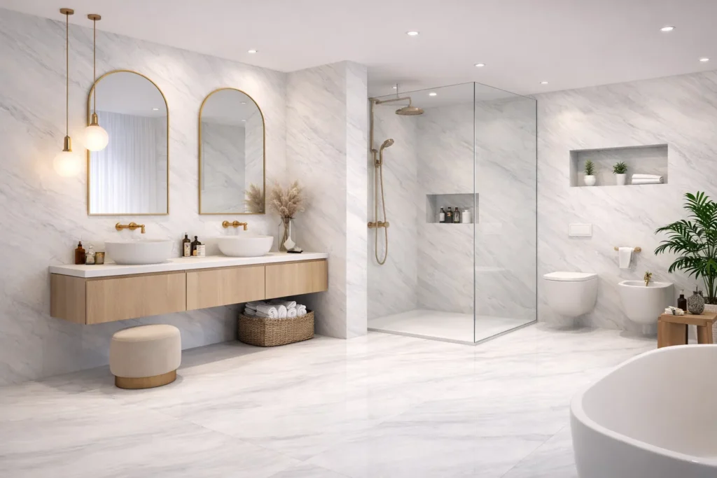 Wizualizacja łazienki wykonanej kamieniem w rolce z toaletą ARCTIC STONE 280x122