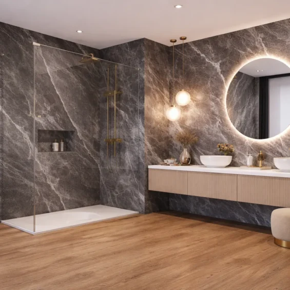 Wizualizacja łazienki z kabiną walk-in wykonanej płytą węglową SPC Steel Marble 280x121,5 Wizualizacja łazienki z kabiną walk-in wykonanej płytą węglową SPC Steel Marble 280x121,5