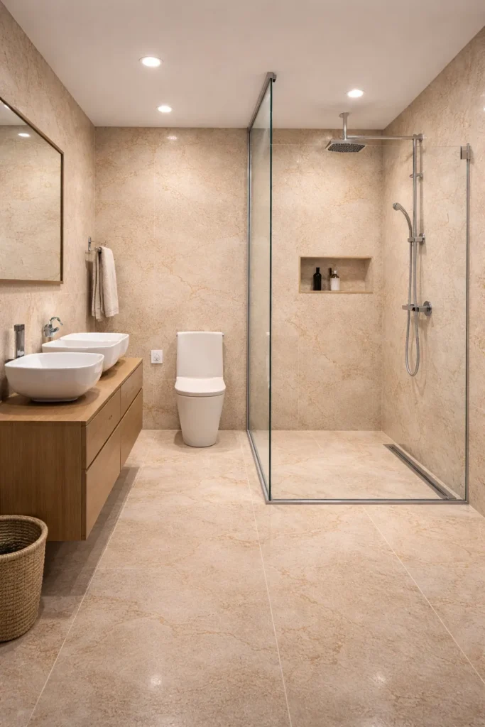 Wizualizacja łazienki z walk-in kamieniem w rolce Desert Stone firmy Marblex.png