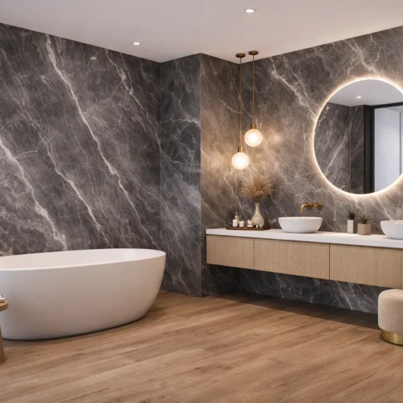 Wizualizacja łazienki z wanną wykonanej płytą węglową SPC Steel Marble 280x121,5 Wizualizacja łazienki z wanną wykonanej płytą węglową SPC Steel Marble 280x121,5