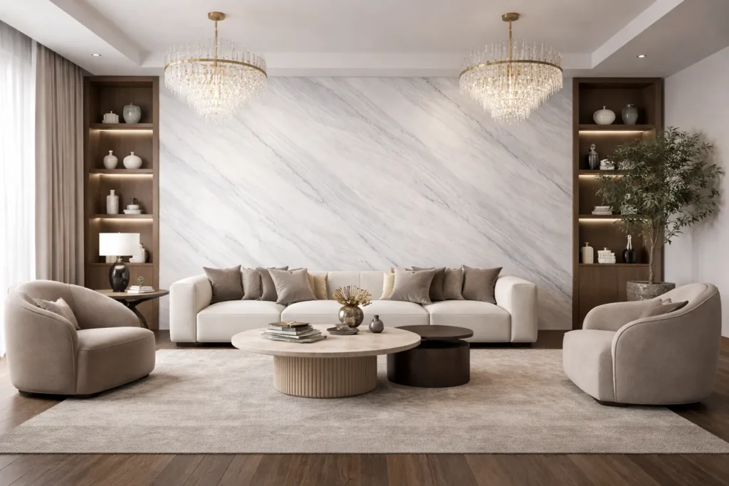 Wizualizacja salonu bez TV wykonanego fronirem kamiennym ARCTIC STONE 280x122