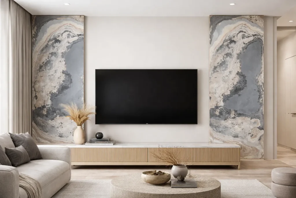 Wizualizacja salonu fornirem kamiennym Pandora Stone firmy Marblex