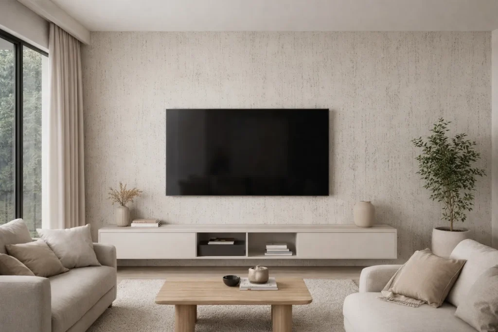 Wizualizacja salonu fornirem kamiennym Trawertyn Beige firmy Marblex