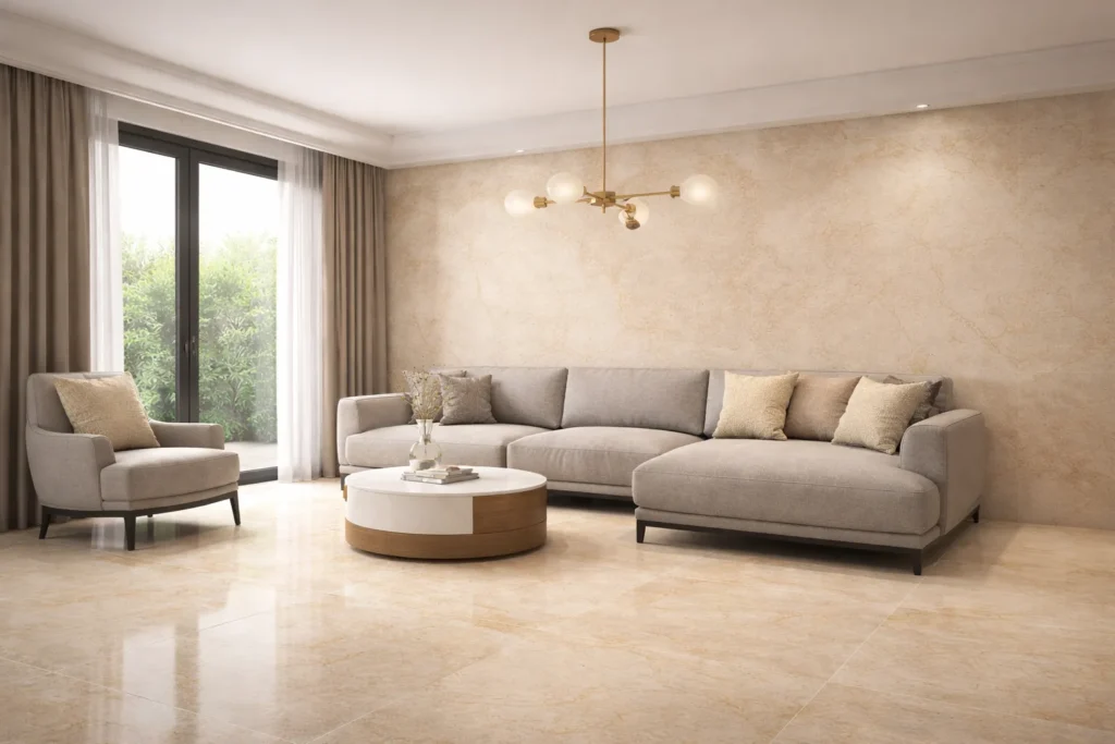 Wizualizacja salonu kamieniem w rolce Desert Stone firmy Marblex