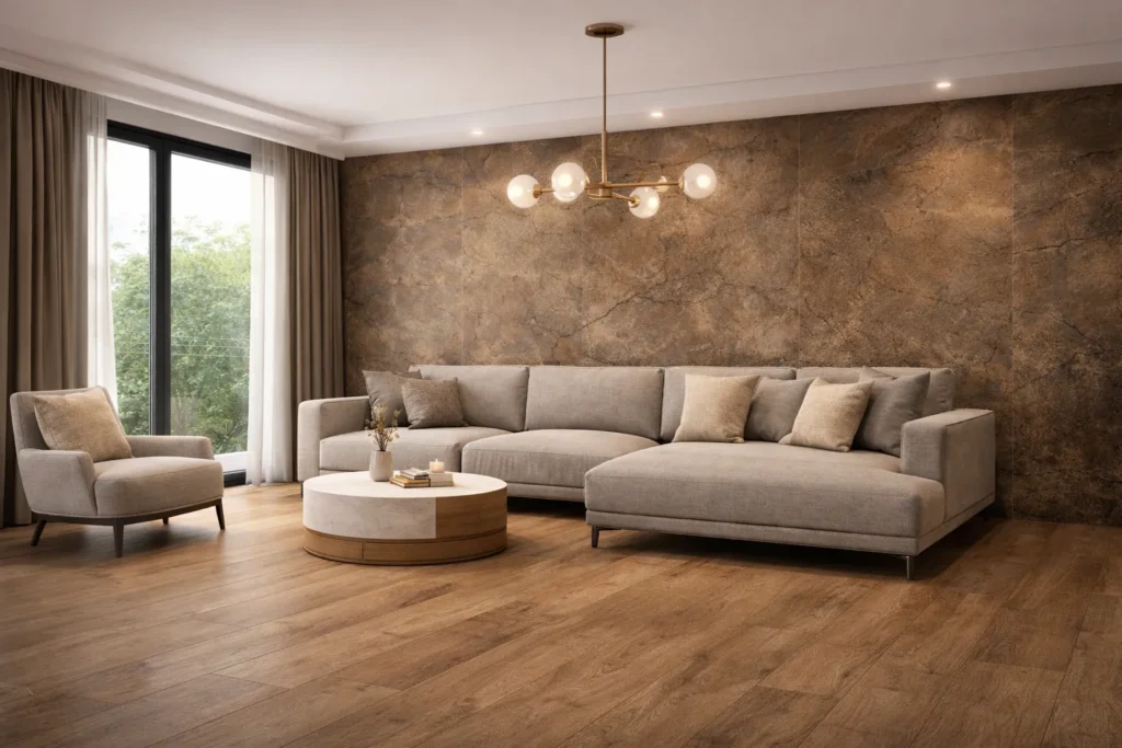 Wizualizacja salonu kamieniem w rolce Earth Stone firmy Marblex