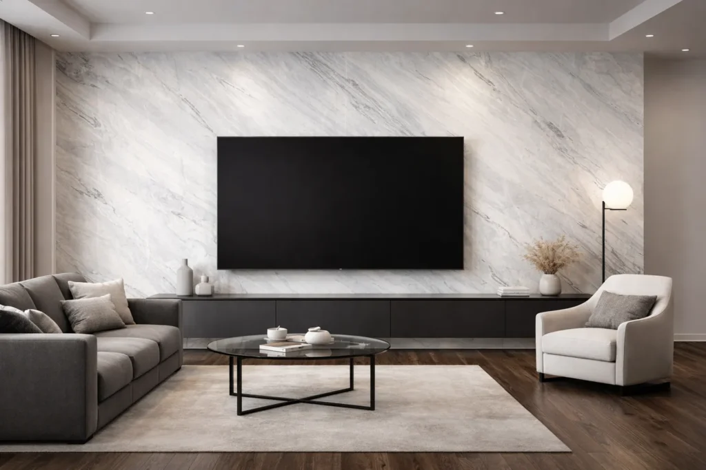 Wizualizacja salonu wykonanego fronirem kamiennym ARCTIC STONE 280x122