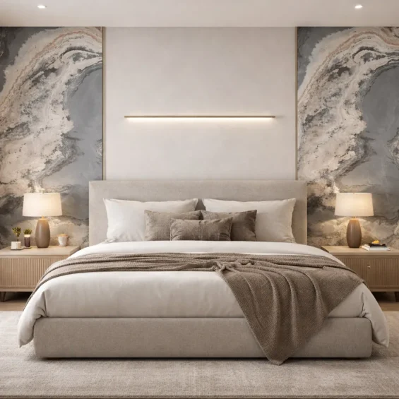 Wizualizacja sypialni fornirem kamiennym Pandora Stone firmy Marblex Wizualizacja sypialni fornirem kamiennym Pandora Stone firmy Marblex