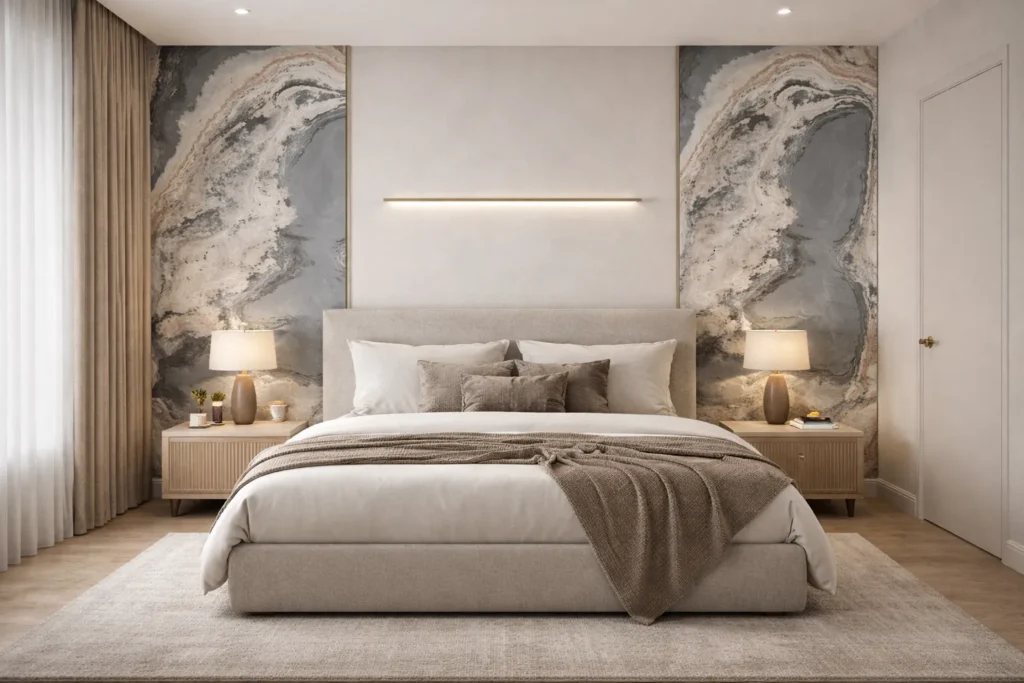 Wizualizacja sypialni kamieniem w rolce Pandora Stone firmy Marblex